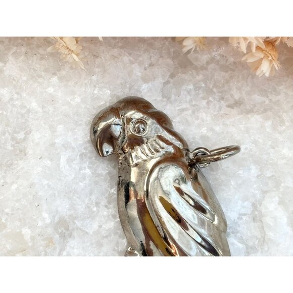 XL Parrot | Bird Figural Silver Toned Polished Vintage Statement Pendant - Picture 2 of 8